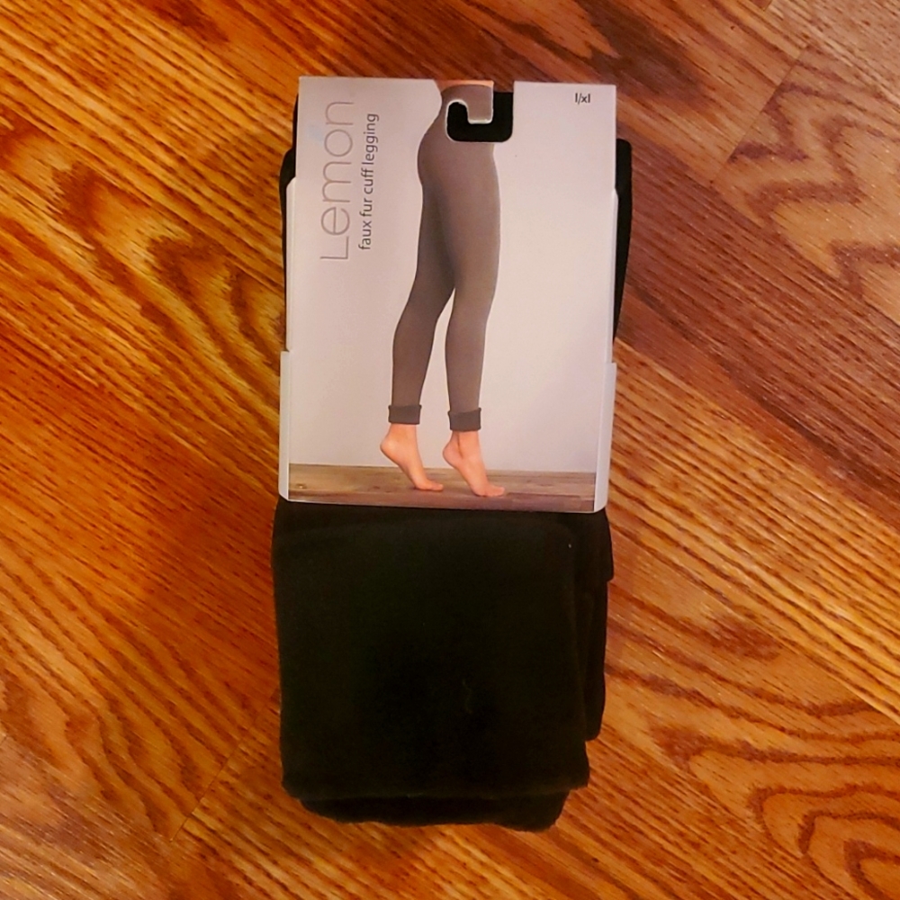 lemon faux fur cuff leggings l/xl black nwt